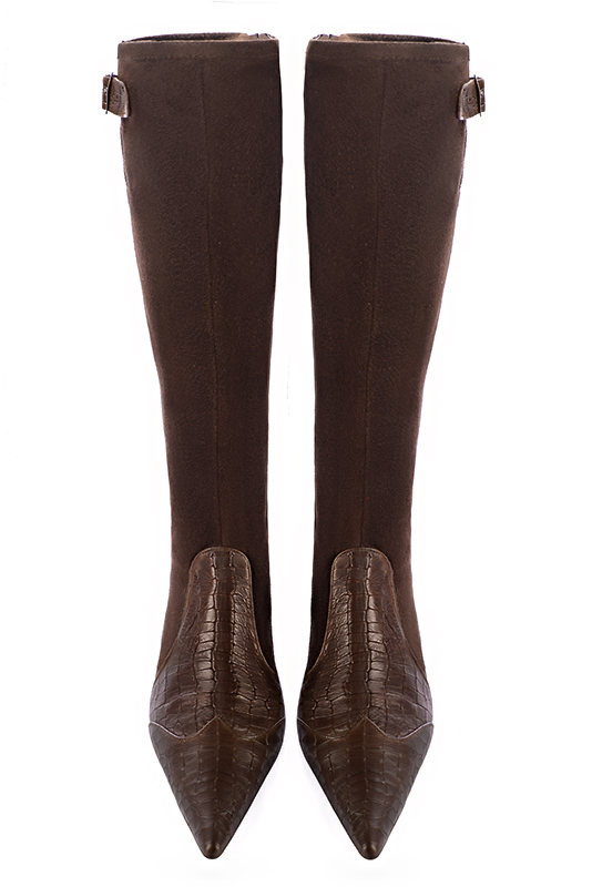 Dark brown women's knee-high boots with buckles. Pointed toe. Flat flare heels. Made to measure. Top view - Florence KOOIJMAN